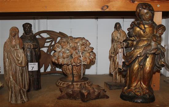 Carved wood split finial & 19C carved giltwood Madonna & child & extras (2)